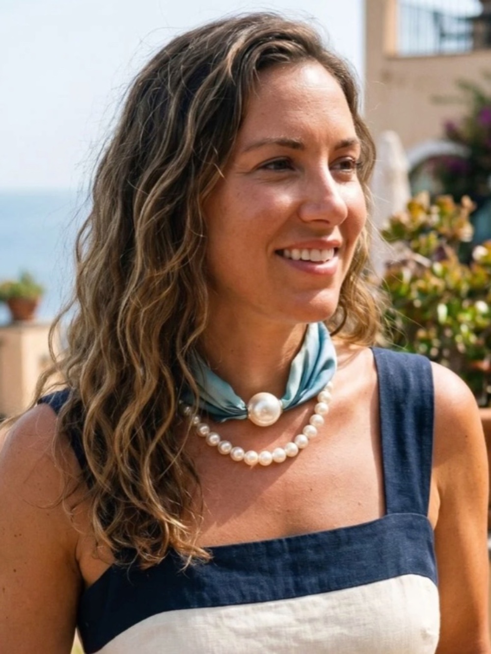 silk pearl scarf in ocean blue print